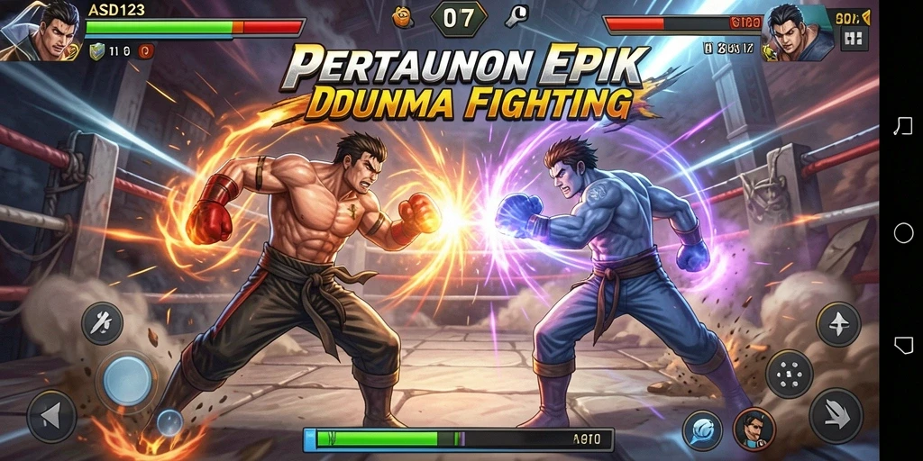 Tangkapan layar gameplay ASD123 menampilkan pertarungan seru dengan karakter unik.