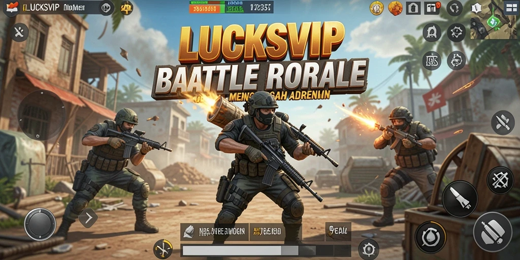 Screenshot utama LUCKSVIP menampilkan aksi intens Battle Royale.