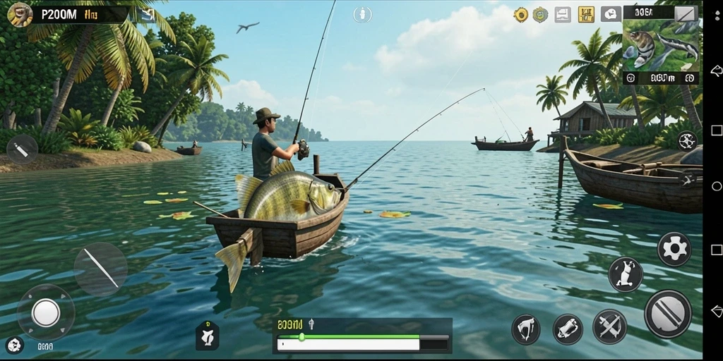 Tangkapan layar P200M menampilkan gameplay memancing yang menarik dan penuh warna.