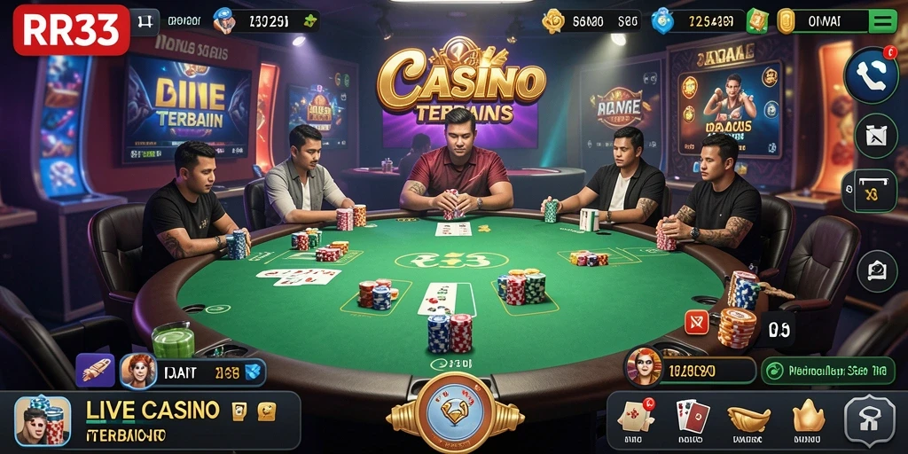 Tangkapan layar gameplay Live Casino menampilkan dealer langsung dan interaksi pemain.