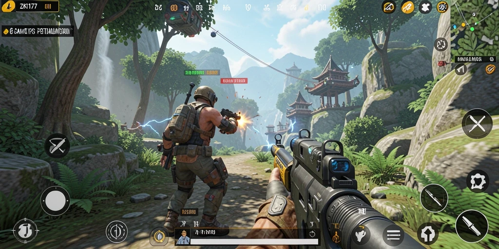 Screenshot ZK1177 menampilkan aksi intens dalam game TPS.